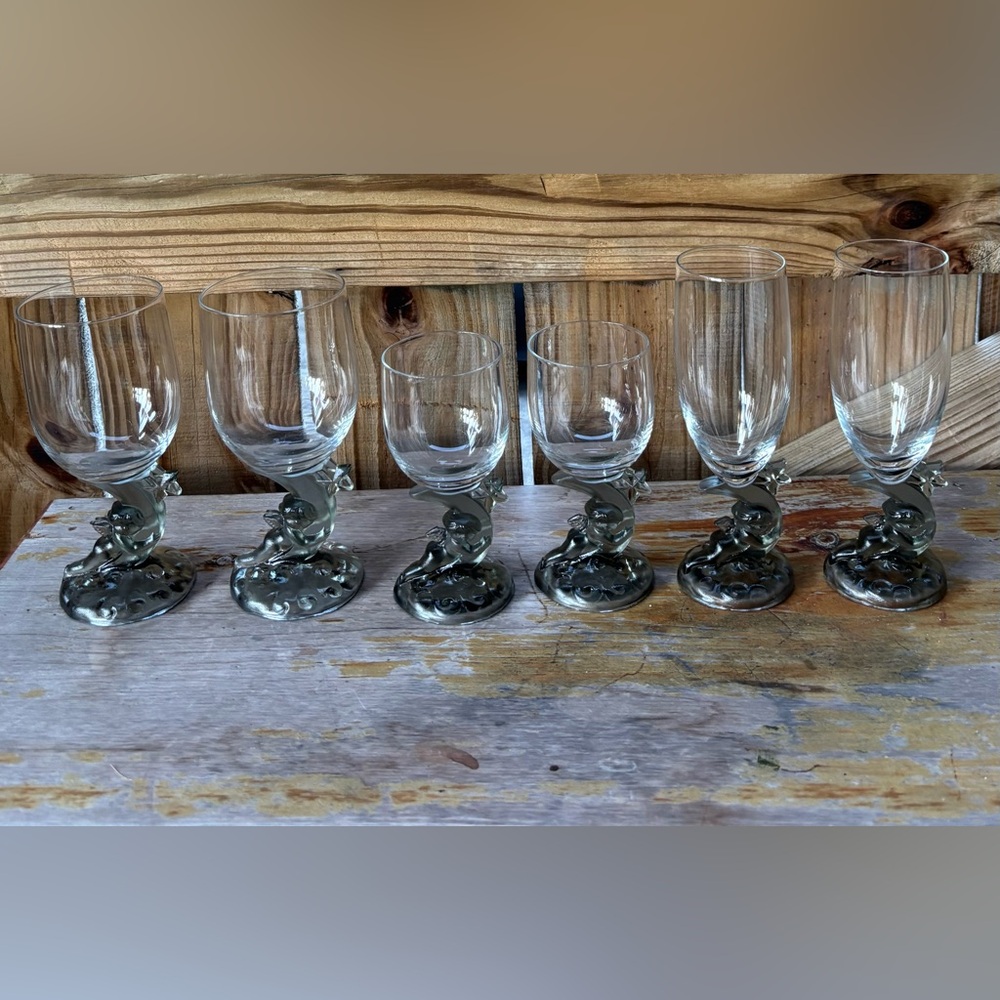 Set of 6 Vintage Aderia Ishizuka Champagne & Wine Glasses with Cherub Angel Stem